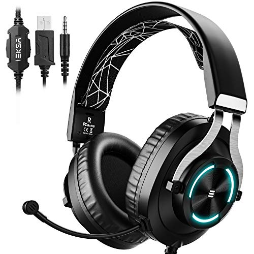 EKSA E3000 Wired Gaming Headset with Stereo Surround Sound, Gaming Chat Headphones with Noise Cancelling Mic, LED Light, Over-Ear Headphones with for Mobile, Laptop, PC, PS4, Nintendo Switch